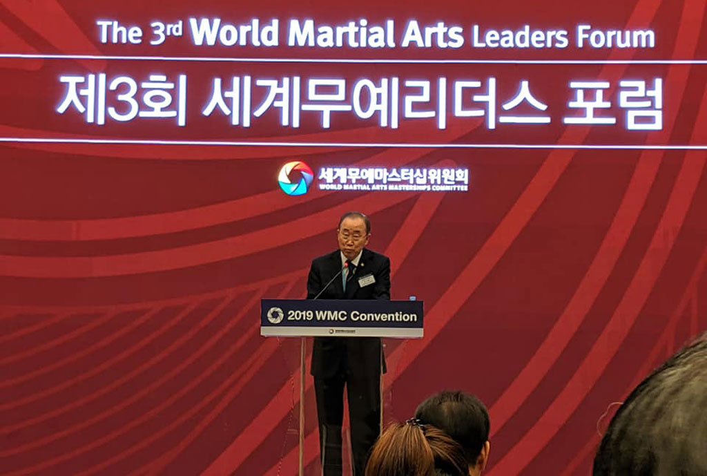 Ban Ki-Moon giving a welcome speech as the Honorary President of the 2019 Chungju World Martial Art Masterships.