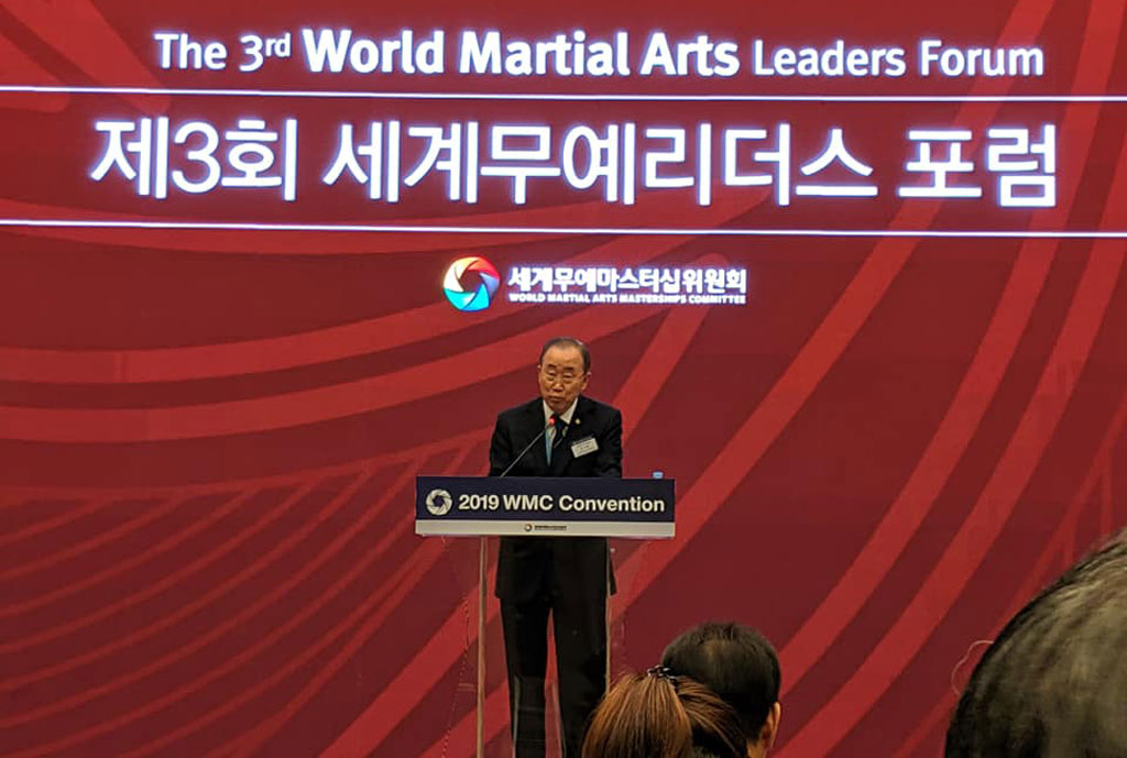 Ban Ki-Moon giving a welcome speech as the Honorary President of the 2019 Chungju World Martial Art Masterships.