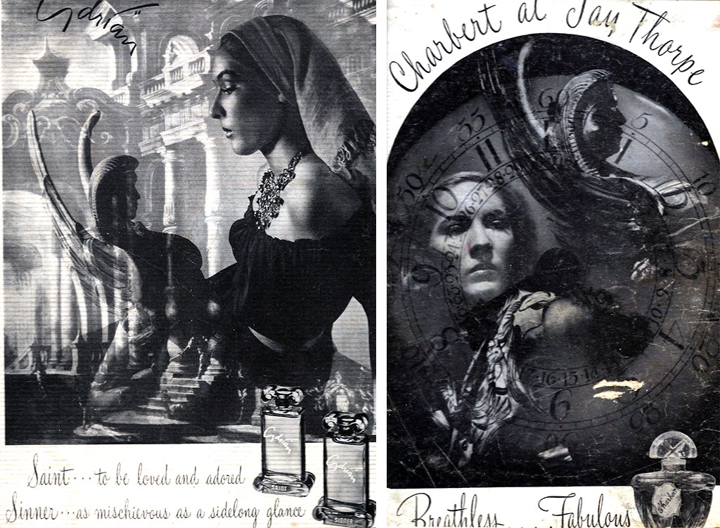 「セインツアンドシナーズ」（左）「ブレスレス、ファビュラス」（右）香水ラインナップの広告に登場したバージニア・メイヒュー。