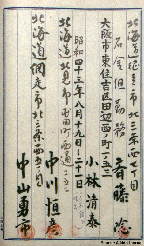小林師範の名が記された武田家の英名録の抜粋。1968年に北海道の大東館で稽古をしたことが記されている。